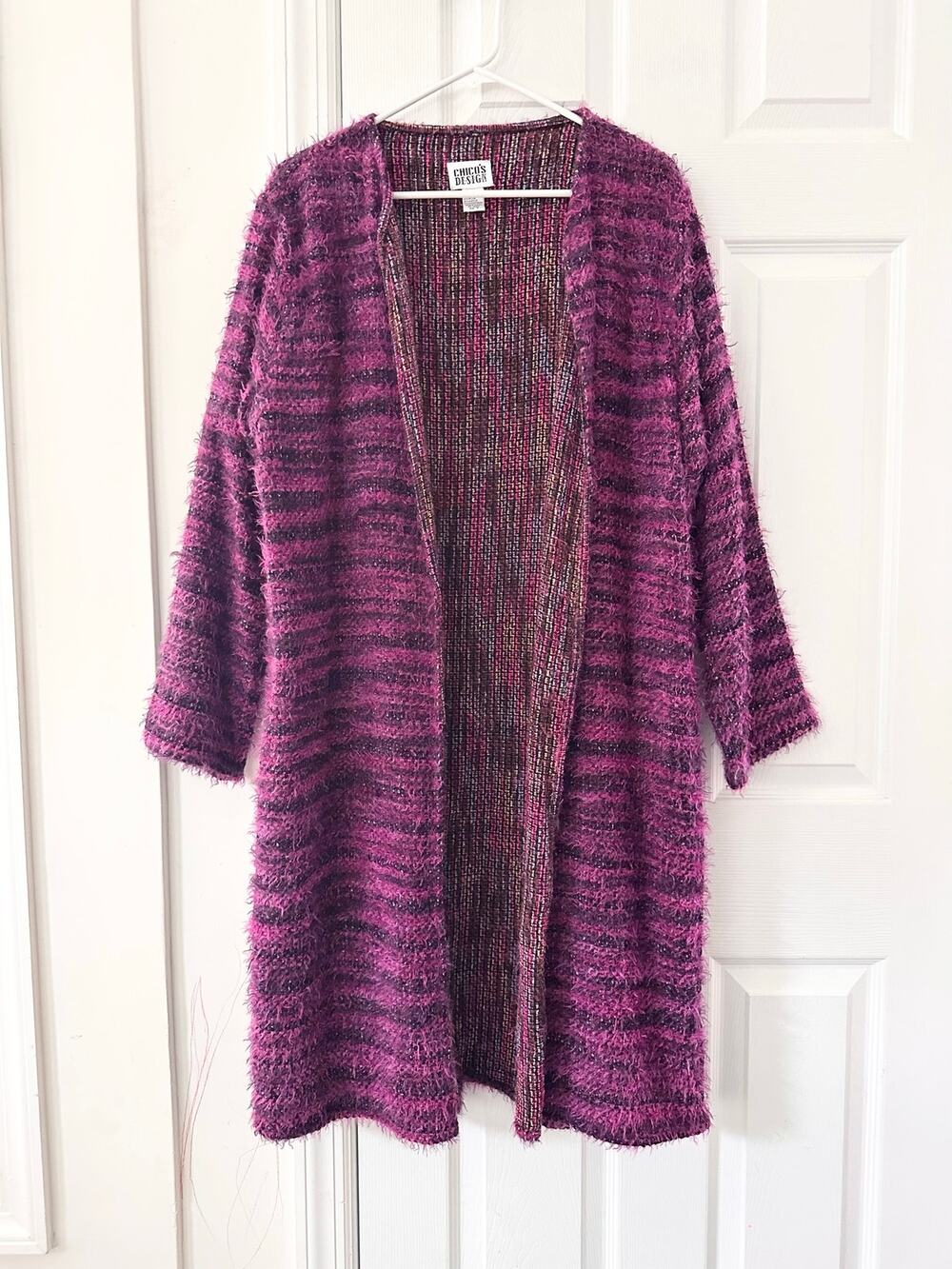 Chico's Magenta Purple Marled Eyelash Faux Mohair Open Long Cardigan 3 Sz 16 XL